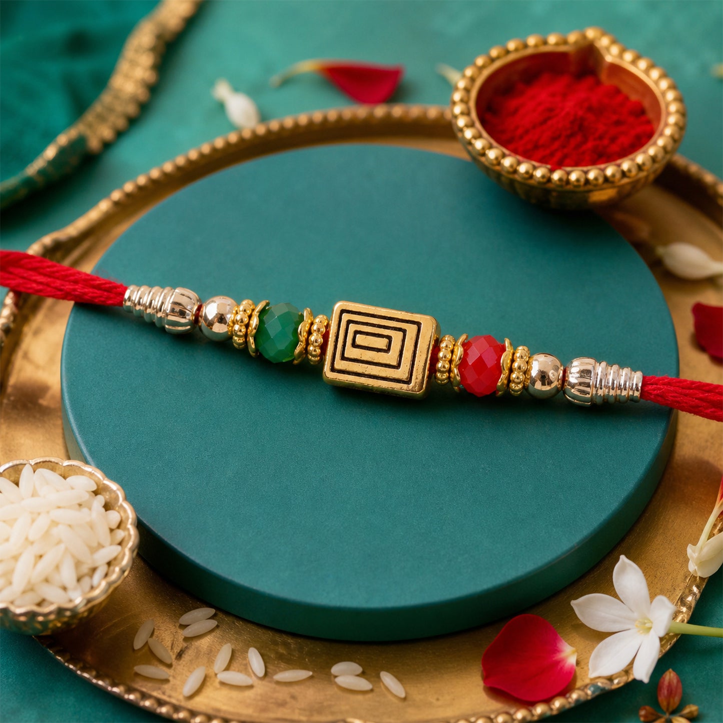Red Thread Rakhi with Carved Golden Rectangular Charm Pendant