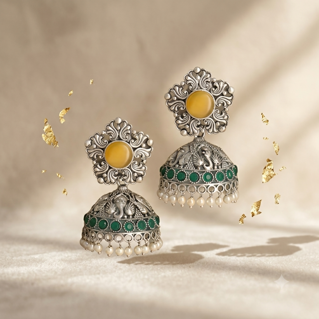 Full display of oxidised silver jhumka earrings with green stones and pearls