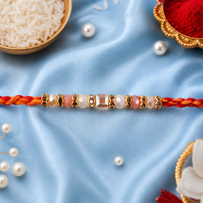 Silver Tone Designer Rakhi with Pastel Beads and Elegant Bracelet Style Finish