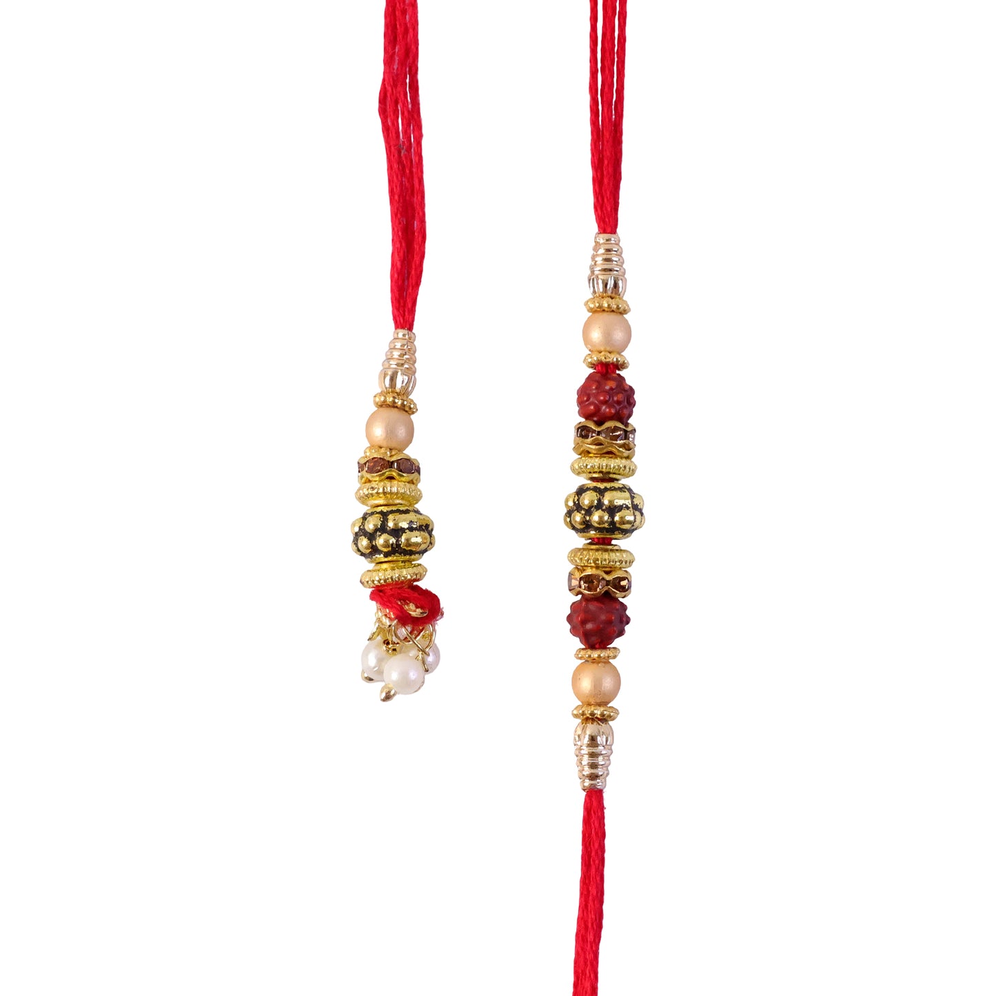 Pearl Drop Beaded Bhai Bhabhi Rakhi with Rudraksha Accents for Raksha Bandhan Gift