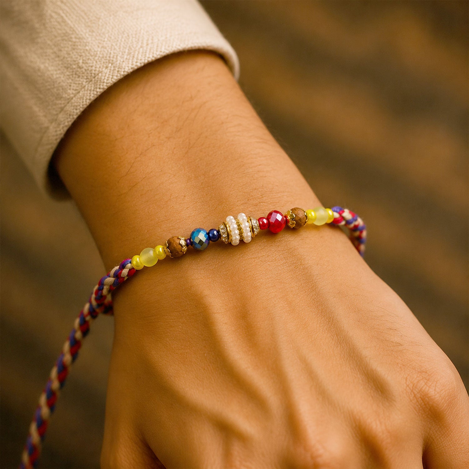 Rainbow Beaded Charm Rakhi with Colorful Festive Style and Playful Bracelet Look