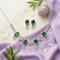 Emerald Green Rhinestone Choker Necklace & Earrings Set Silver Bridal Party Jewellery