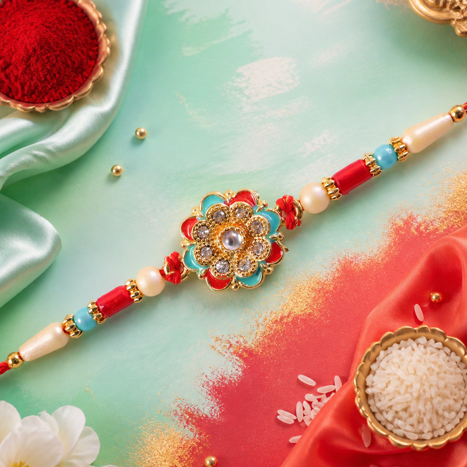 Festive Rakhi with Floral Rosette and crystal accents in bead line for Raksha Bandhan