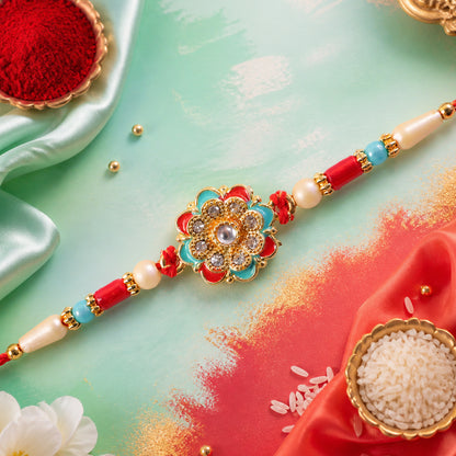 Festive Rakhi with Floral Rosette and crystal accents in bead line for Raksha Bandhan