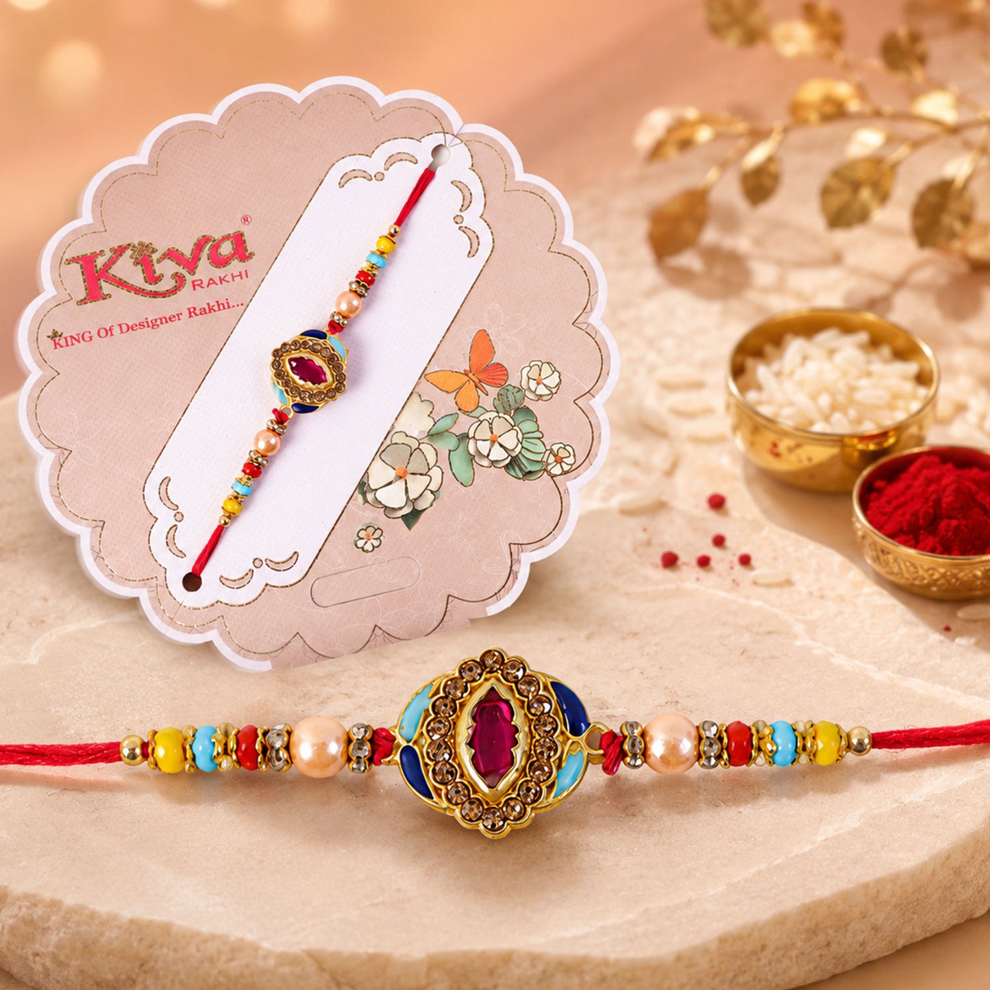 Pink Stone & Blue Meenakari Oval Designer Rakhi for Brother Gift Set