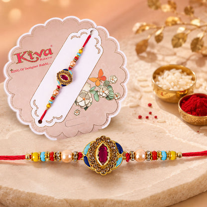 Pink Stone & Blue Meenakari Oval Designer Rakhi for Brother Gift Set