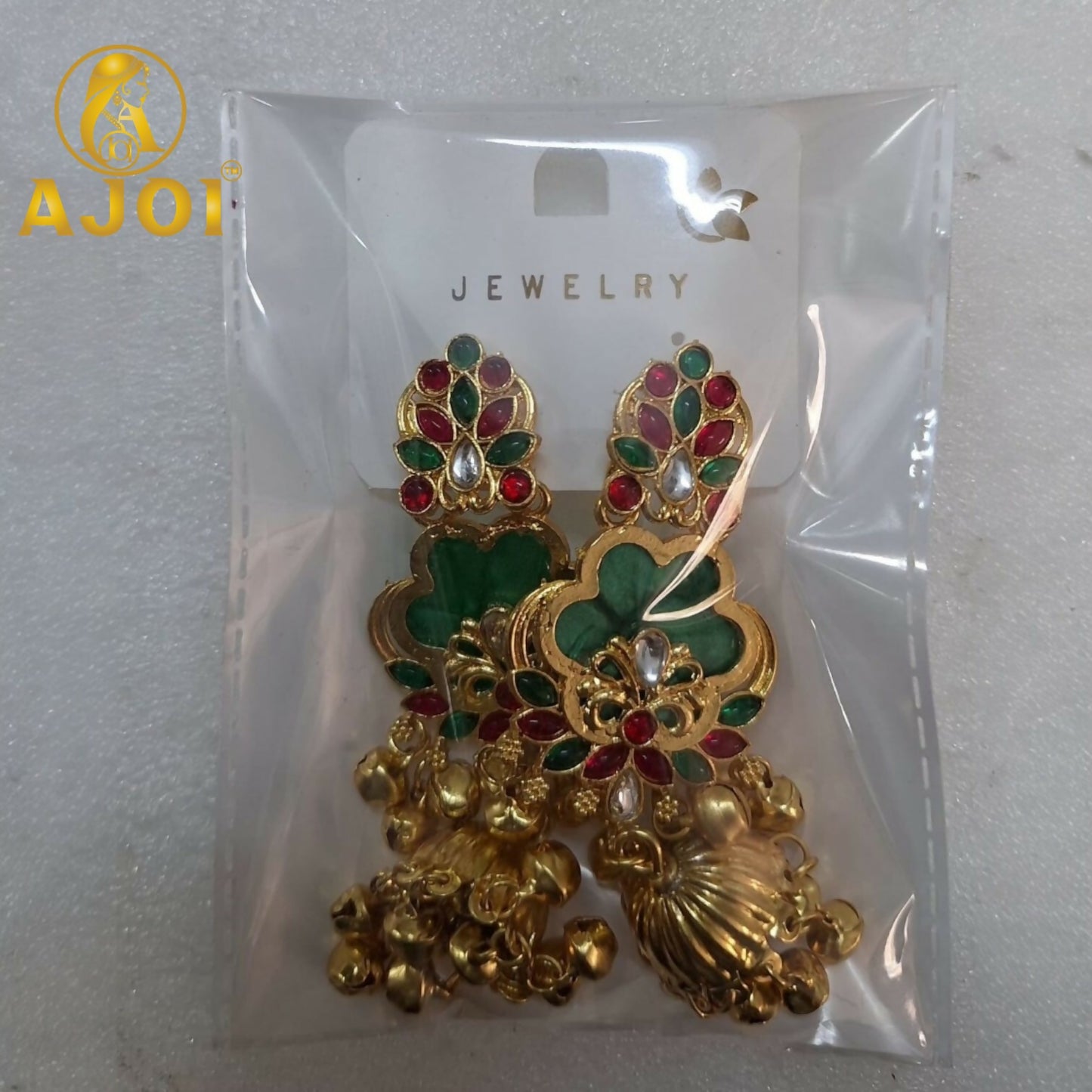 Royal Green Kundan Jhumka Earrings with Gold Finish & Ghungroo Drops