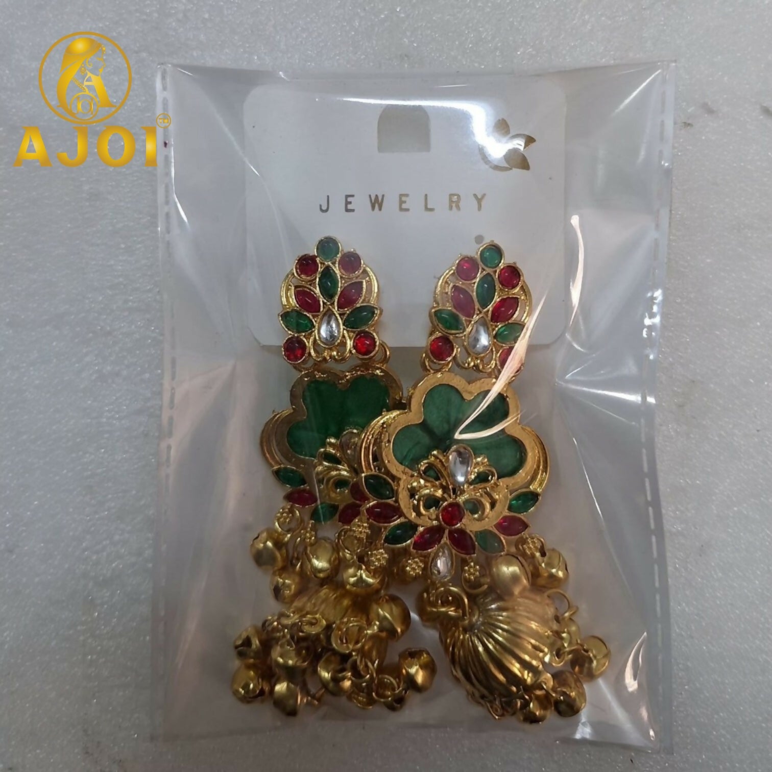 Royal Green Kundan Jhumka Earrings with Gold Finish & Ghungroo Drops