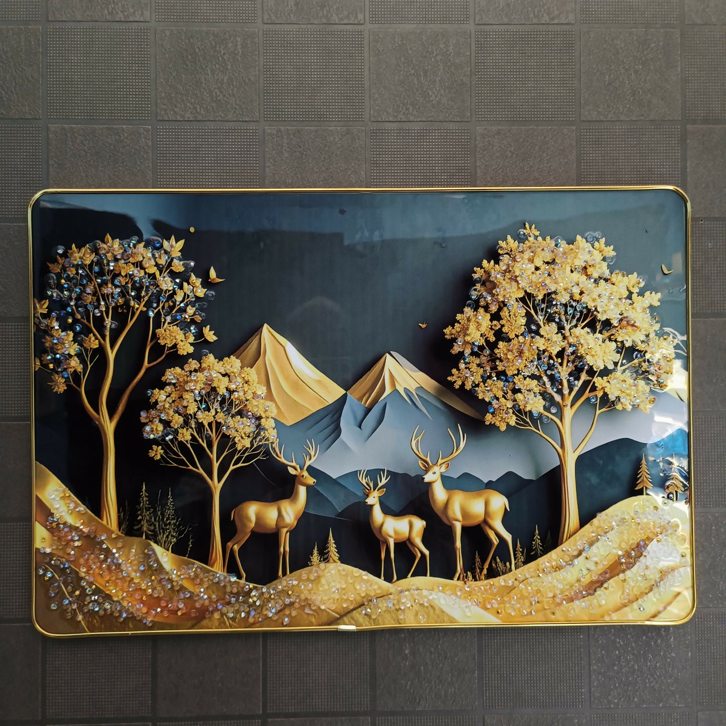 Luxury Golden Deer Mountain Landscape Wall Art Frame Home Decor