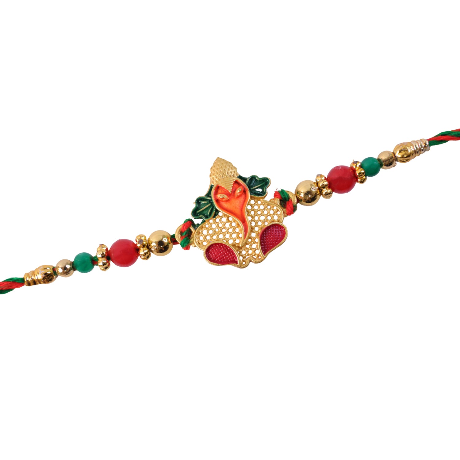 Gold Ganesha Pendant Rakhi with Red and Green Enamel