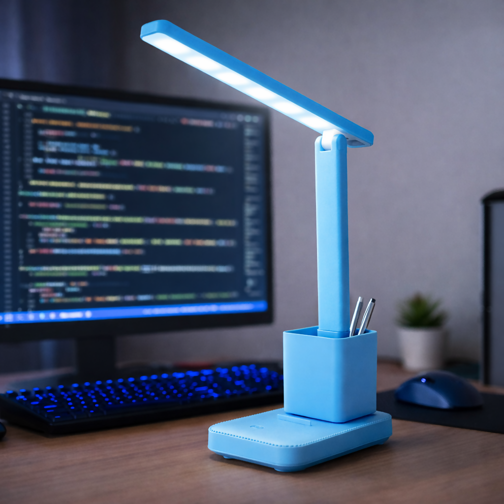 Blue LED Desk Lamp with Touch Control, Pen Holder & Adjustable Arm for Study