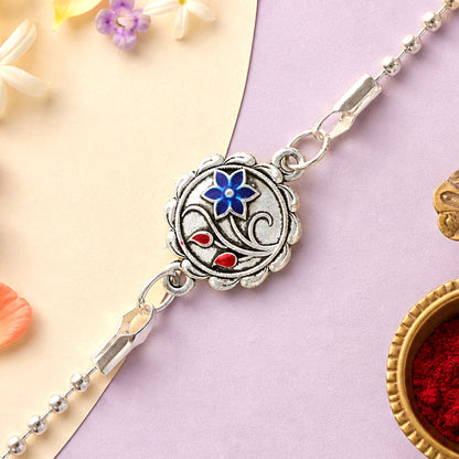 Designer Flower Motif Carved Round Silver Chain Designer Rakhi