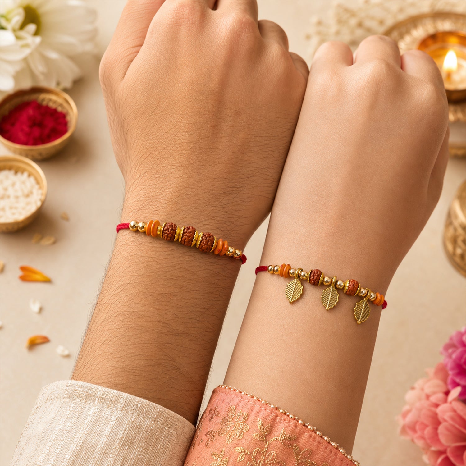 Couple Rakhi Set with Rudraksha Beads, Orange Spacers and Leaf Charms