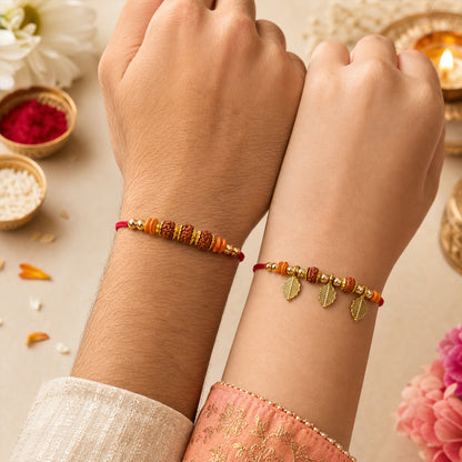 Couple Rakhi Set with Rudraksha Beads, Orange Spacers and Leaf Charms