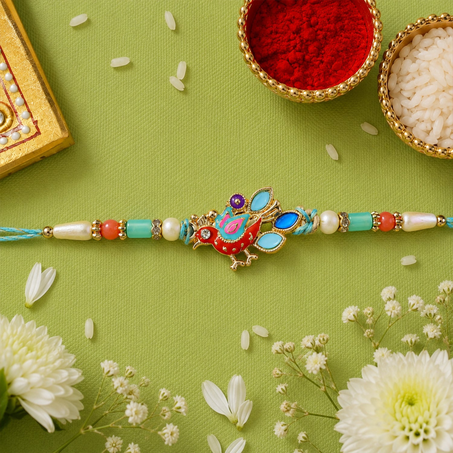 Colorful Enamel Peacock Pendant Rakhi with Multicolor Beads