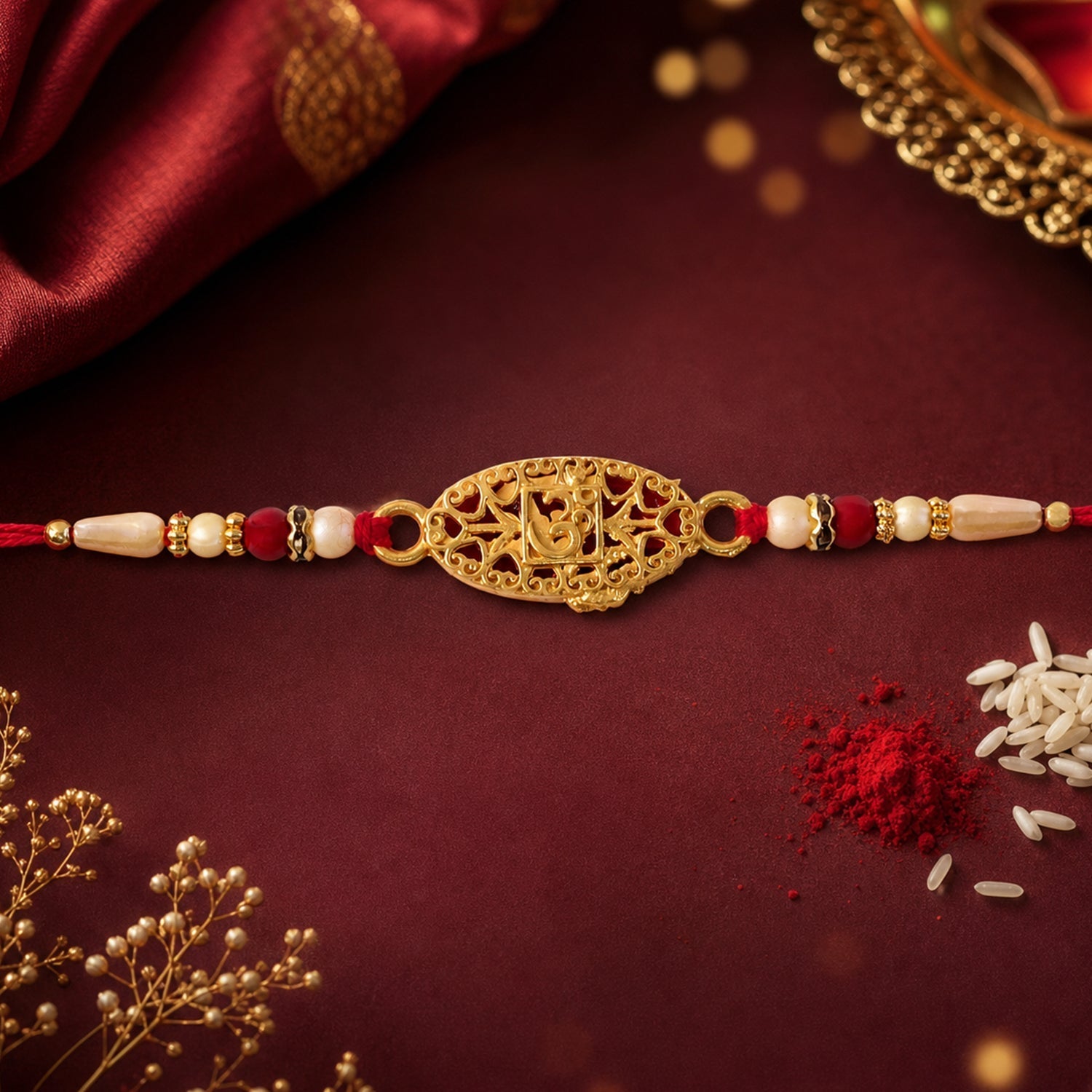 Leaf Pattern Om Charm Traditional Rakhi with Beads for Raksha Bandhan (5pcs)