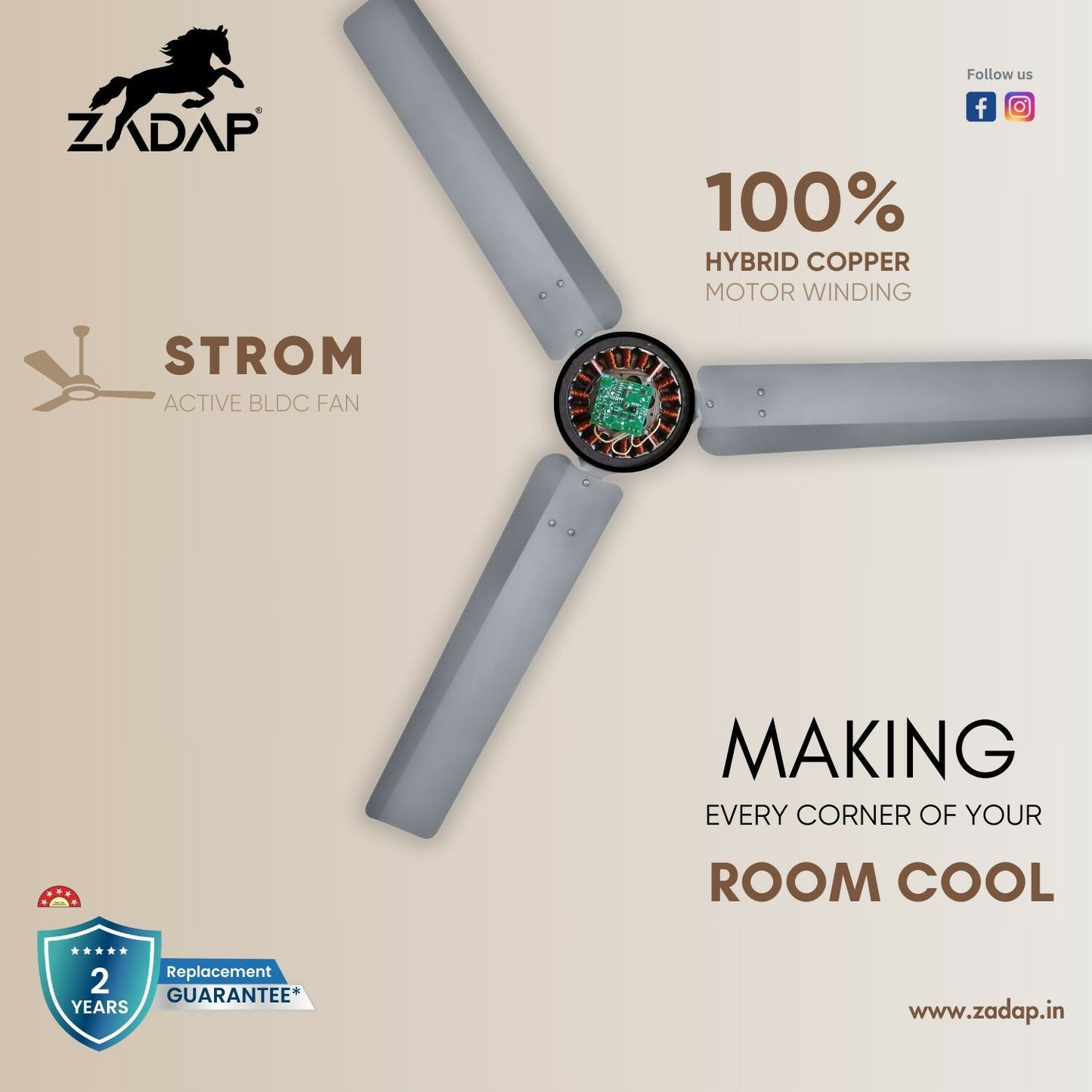 ZADAP STROM Ceiling Fan Gray - Modern Design and Finish