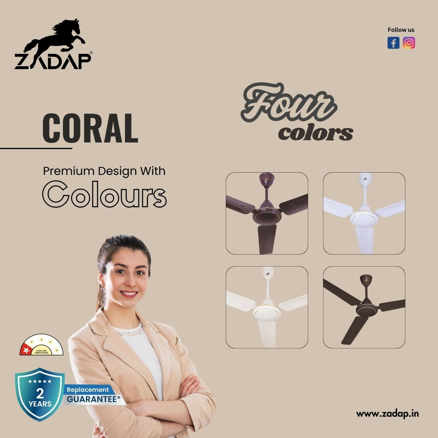 Energy efficient ZADAP Coral ceiling fan in royal brown color