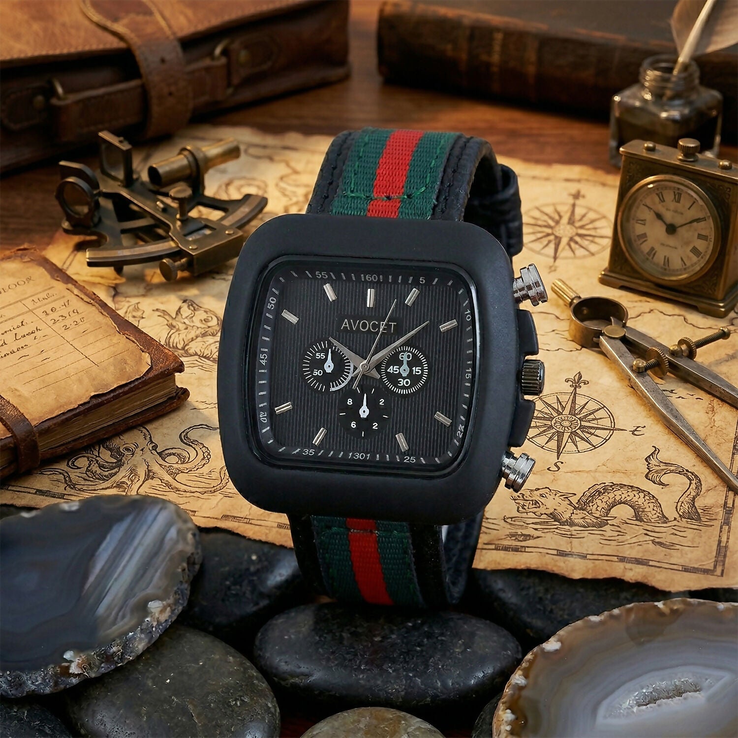 Stylish Black Square Dial Analog Watch with Striped Strap & Metal Case