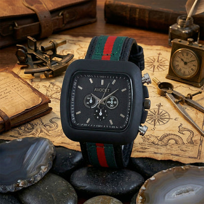 Stylish Black Square Dial Analog Watch with Striped Strap & Metal Case