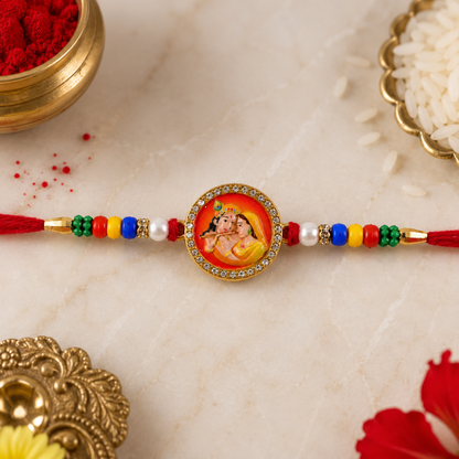 Radha Krishna Rakhi for Brother Photo Round Beaded Design (10pcs)
