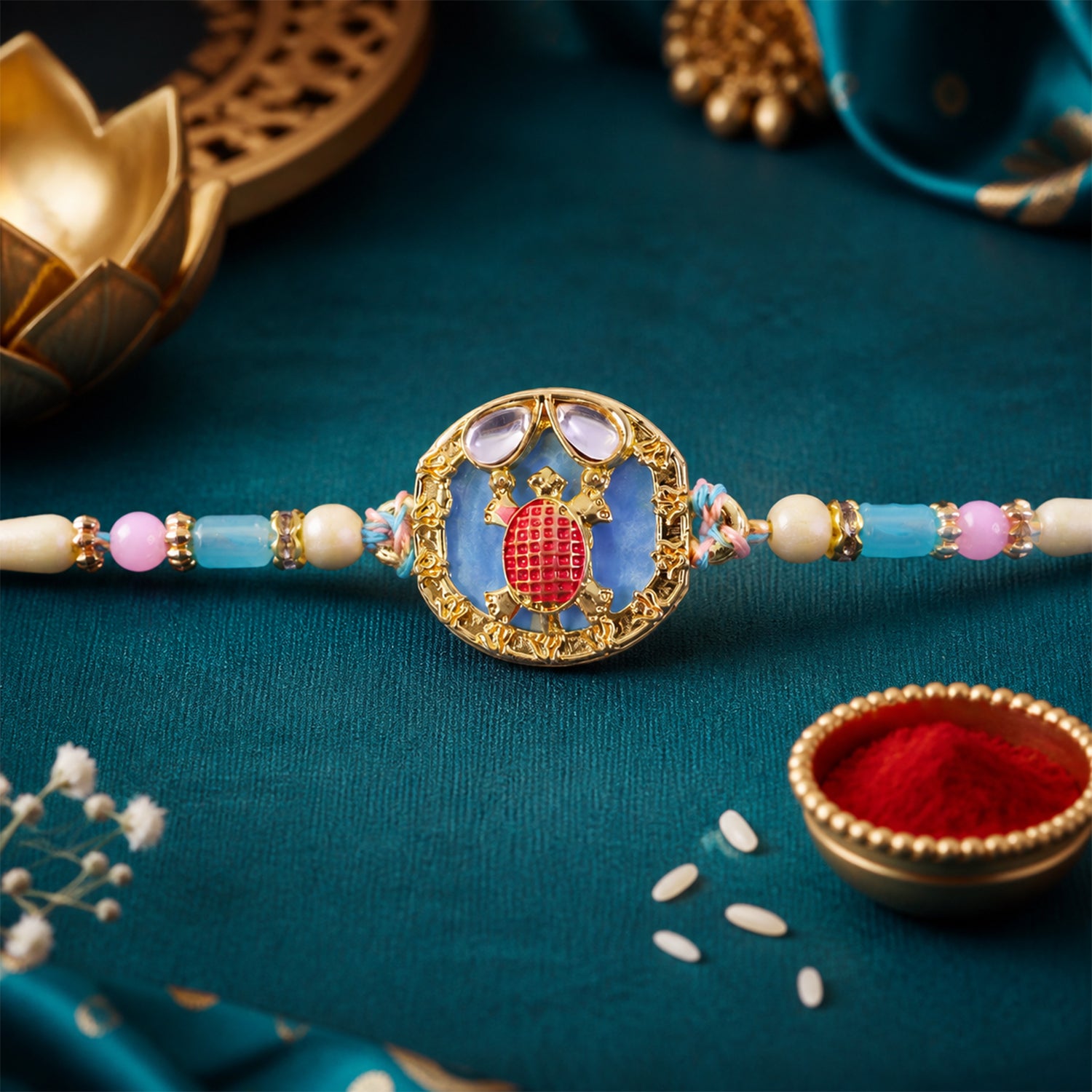 Elegant Blue Designer Rakhi for Brother with Golden Pendant & Premium Bead Work