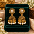 Traditional Gold-Tone Jhumka Earrings with Red Stone & Pearl Drops