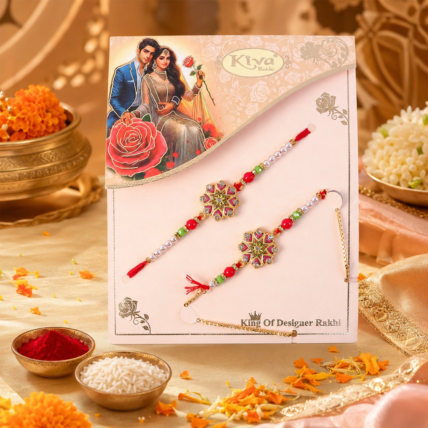 Bhaiya Bhabhi Floral Meenakari Rakhi & Pearl Drop Lumba Combo Set Gift