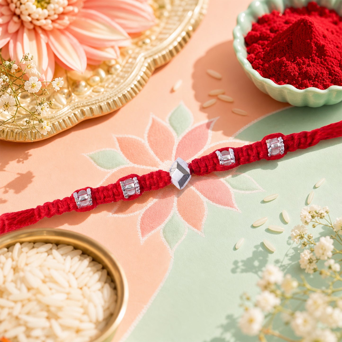 Red Thread Rakhi with Silver Square Beads and Diamond-Shaped Charm