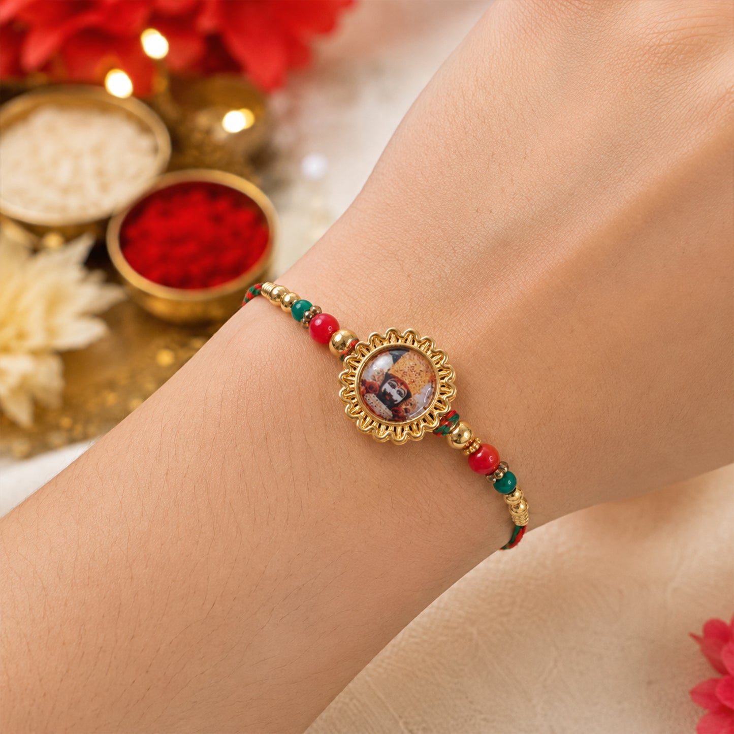 Khatu Shyam Ji Pendant Rakhi with Red and Green Beads