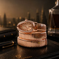 Rose Gold Oval Snake Style Bracelet Watch with Crystal Dial Border Design