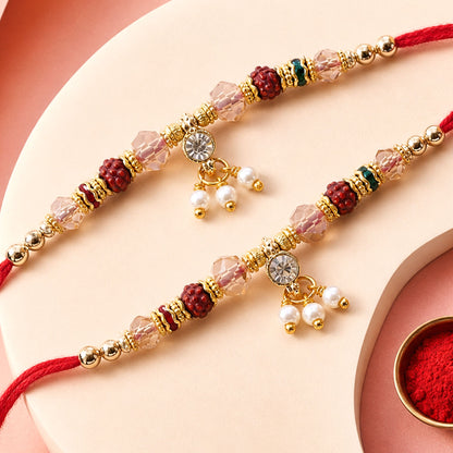 Crystal Beaded Bhaiya Bhabhi Rakhi Set with Pearl Lumba for Couple Raksha Bandhan