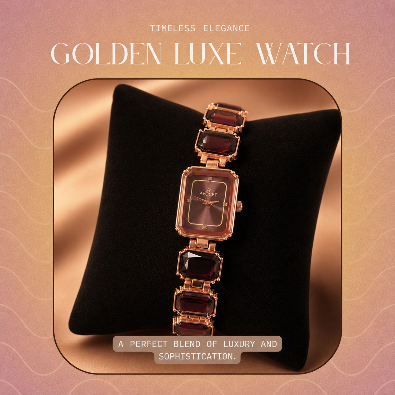 Rose Gold Square Shape Dial Watch with Black Red Stone Strap Design for Women