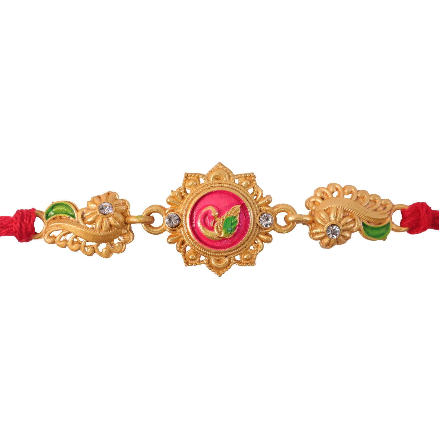 Designer Rakhi showcasing Floral Rosette, gold trims and gift style for Gift Styling