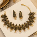 Antique Gold Tone Goddess Lakshmi Necklace & Earrings Set with Pearl Bead Drops
