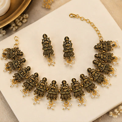 Antique Gold Tone Goddess Lakshmi Necklace & Earrings Set with Pearl Bead Drops