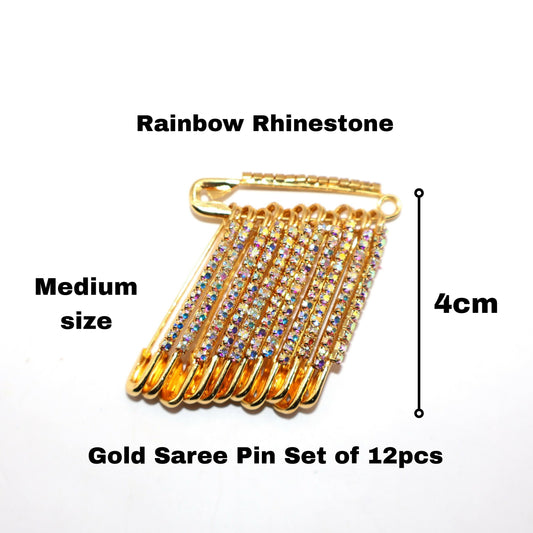 Set of 12 Rainbow Rhinestone Gold Saree Pins arranged neatly
