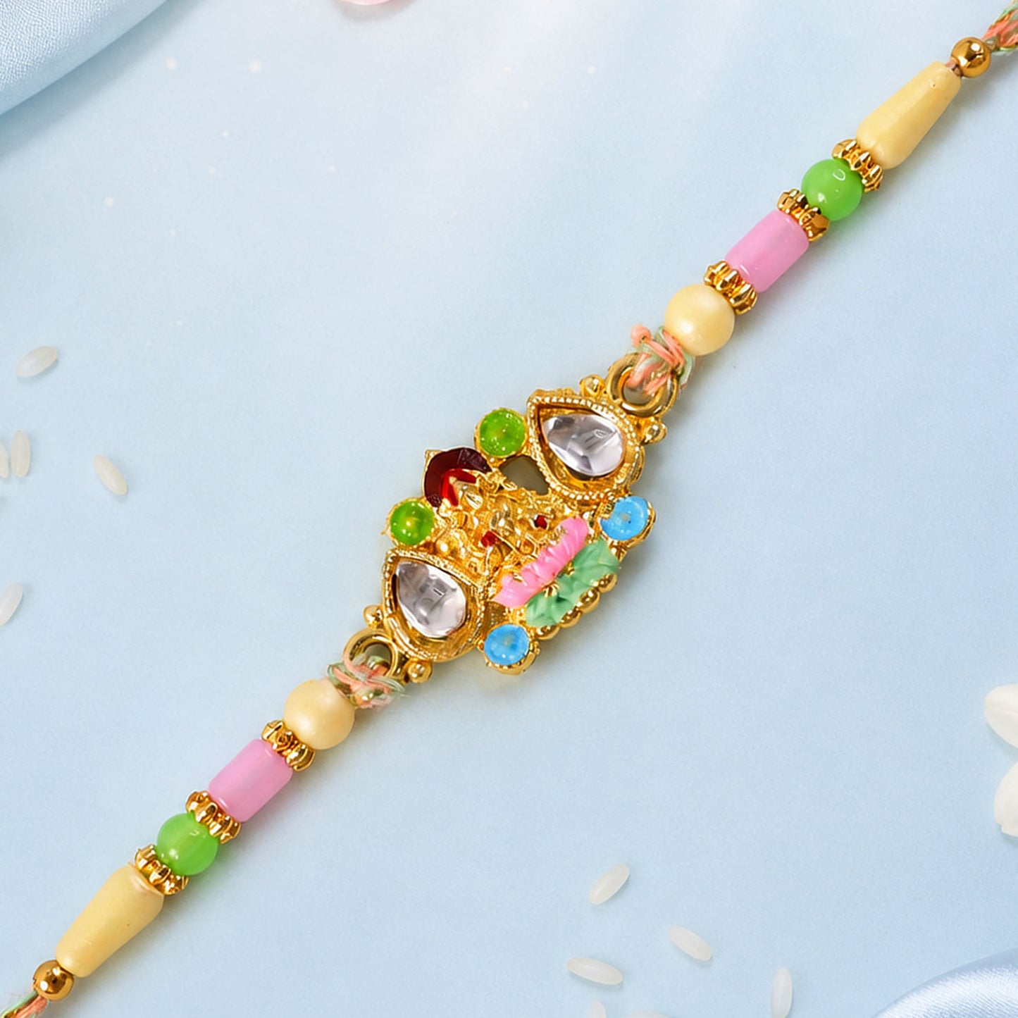 Multicolor Kundan Cluster Pendant Rakhi with Pastel Beads