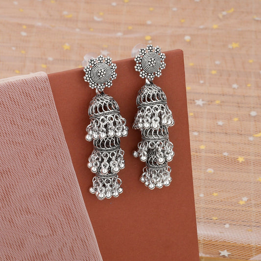 Premium Oxidised Silver Long Layered Jhumka Earrings