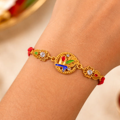 Ornate Rakhi featuring Oval Floral Charm, multicolor stones and chain look for Gift