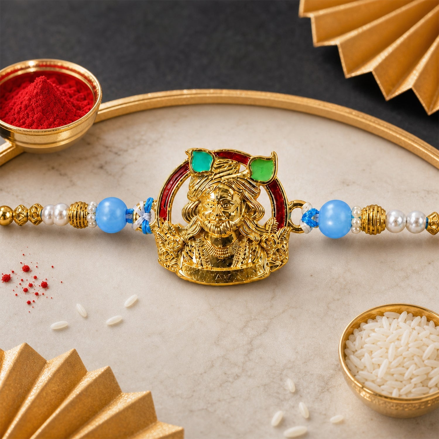 Gold-Toned Khatu Shyam Rakhi with Blue and Pearl Beads for Raksha Bandhan (10pcs)