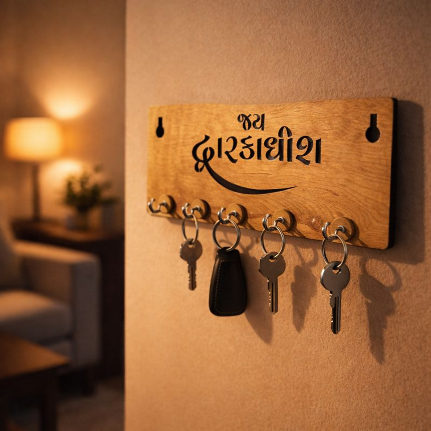 Wooden Key Holder for Wall – “Jay Dwarkadish” MDF Key Organizer with 6 Hooks | Spiritual Home Décor Key Stand