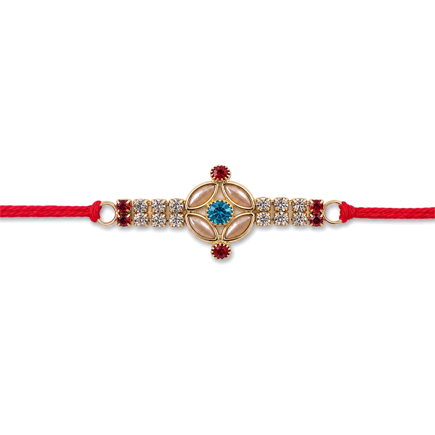 Blue Center Floral Kundan Rakhi with Red Stones and Pearl Ends