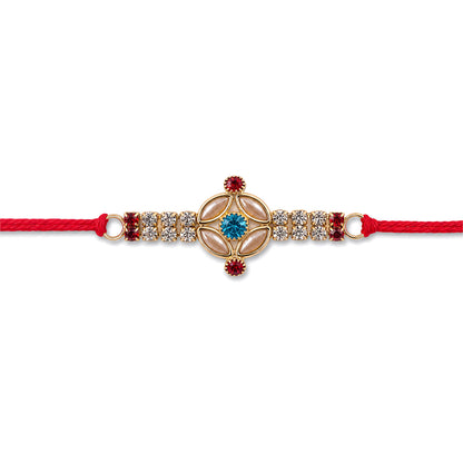 Blue Center Floral Kundan Rakhi with Red Stones and Pearl Ends