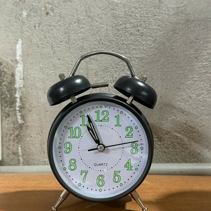 Black Twin Bell Alarm Clock – Loud Analog Desk Clock with Green Numbers