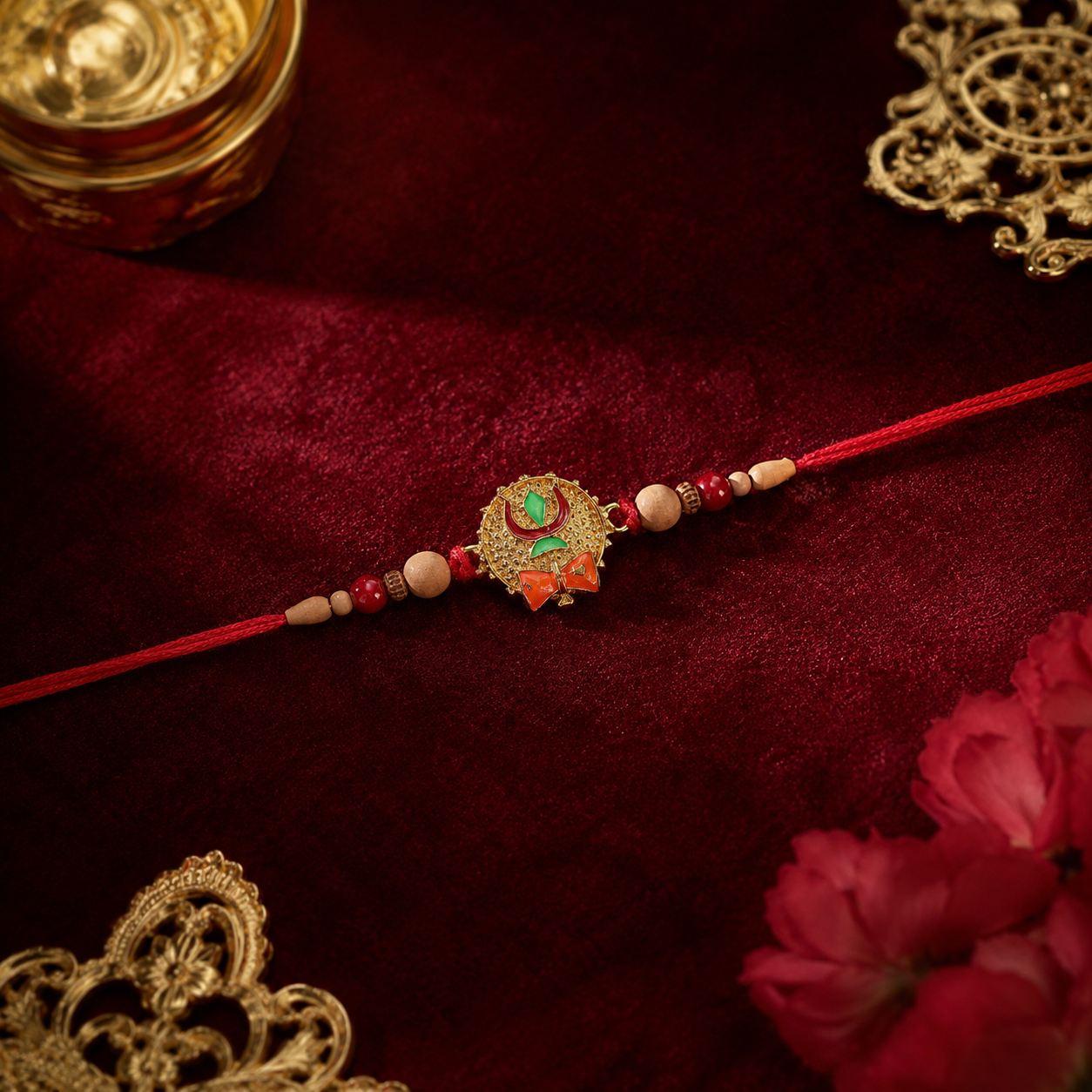 Tiny Trishul Damru Rakhi with Green Stone Center and Minimal Red Thread