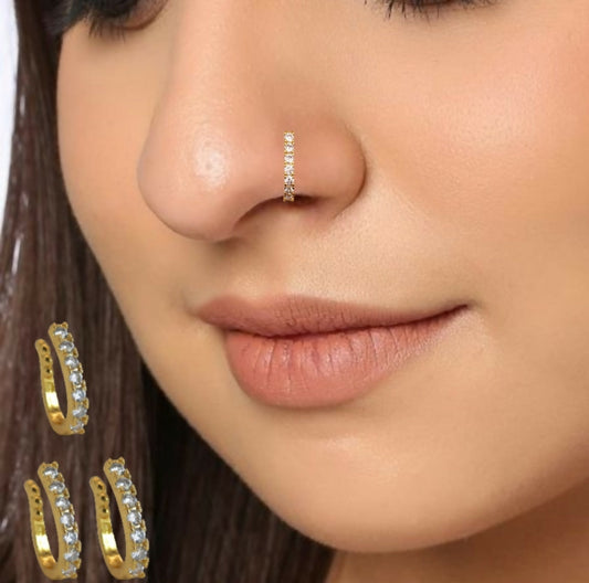 Gold-Plated CZ Lined Nose Ring Set of 3 | Elegant Daily Nosepins