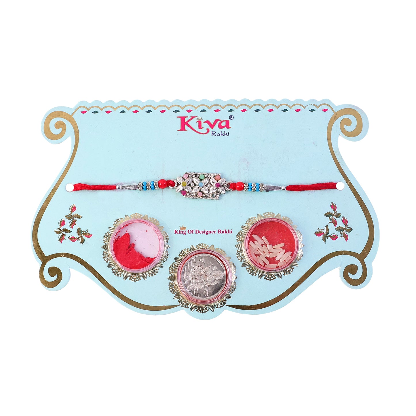 Rectangular Pearl Crystal Rakhi with Red Blue Beads, Roli Chawal Coin and Gift Packing