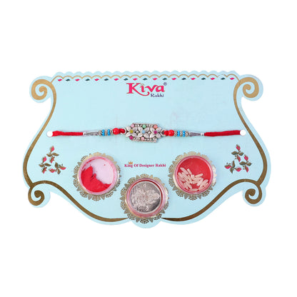 Rectangular Pearl Crystal Rakhi with Red Blue Beads, Roli Chawal Coin and Gift Packing