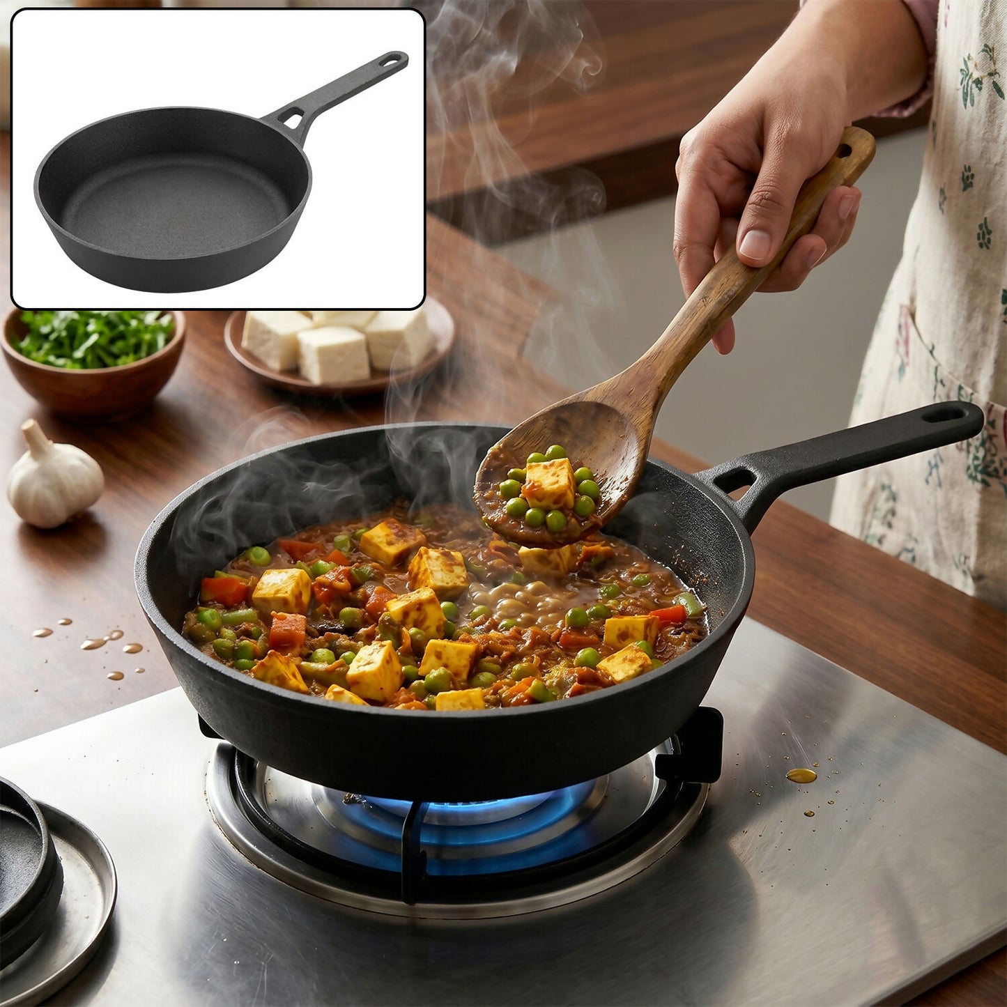 Top view of cast iron fry pan
